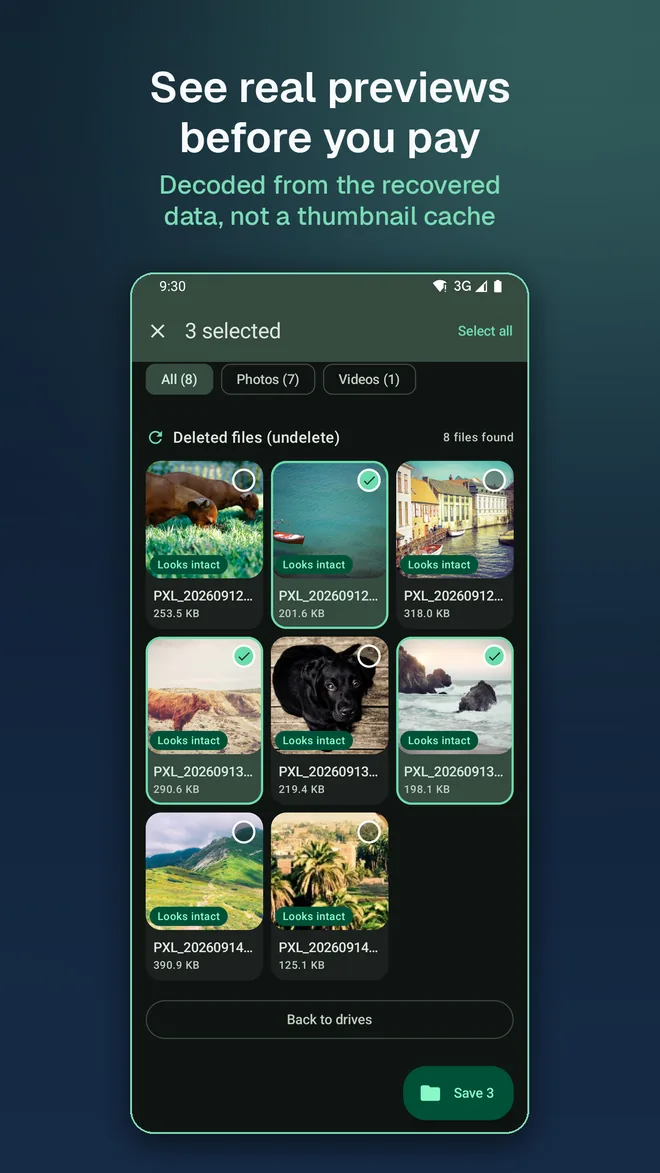 Unerased screenshot: three recovered photos selected, each with its own decoded preview