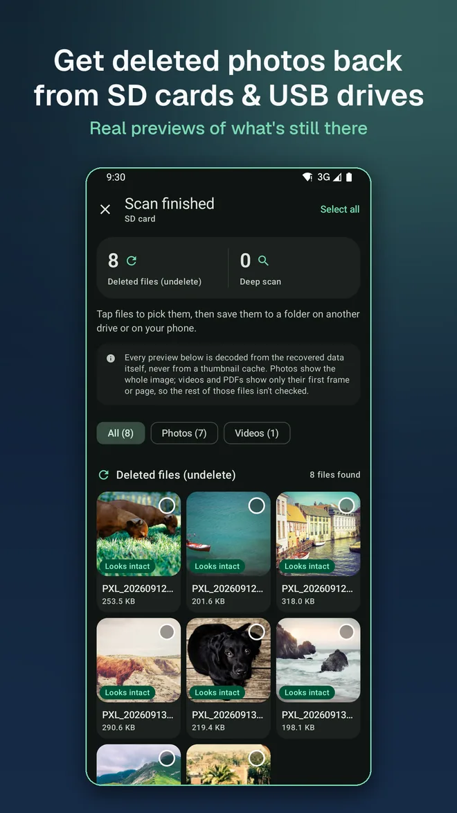 Unerased screenshot: a finished scan of an SD card, listing eight deleted photos and videos as preview tiles, each labelled Looks intact